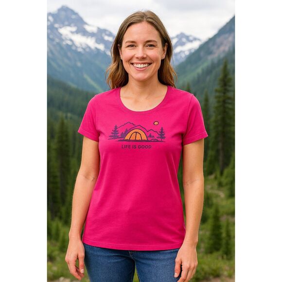 NEW Life is Good Top Womens S Pink Crusher Tee Camping Tent Mountains Gorp NWT - Picture 1 of 7